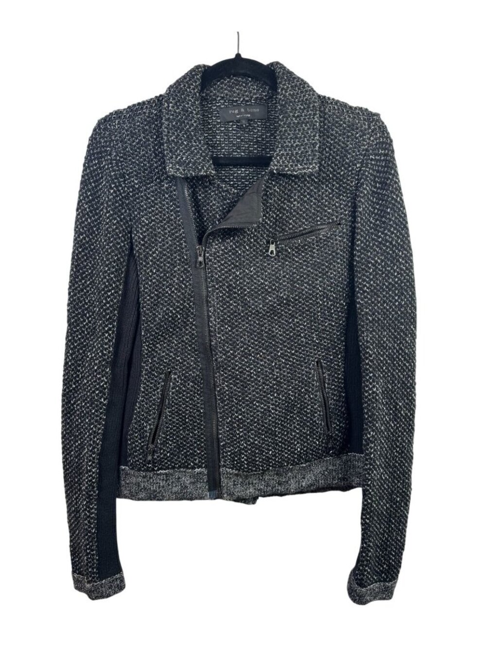 Rag & Bone Black & White Textured Tweed Moto Jacket Size Medium Zip Cotton Blend